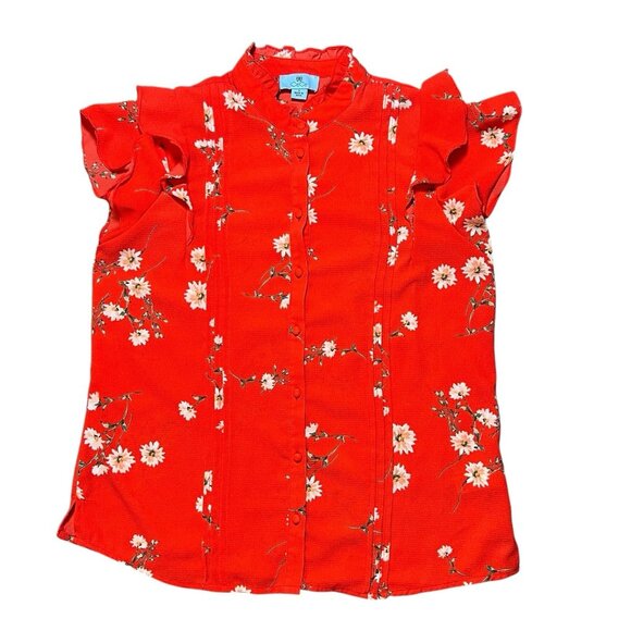 CeCe Tops - CeCe Women’s Top floral ruffle Small Size Red Buttons Short Sleeves Christmas